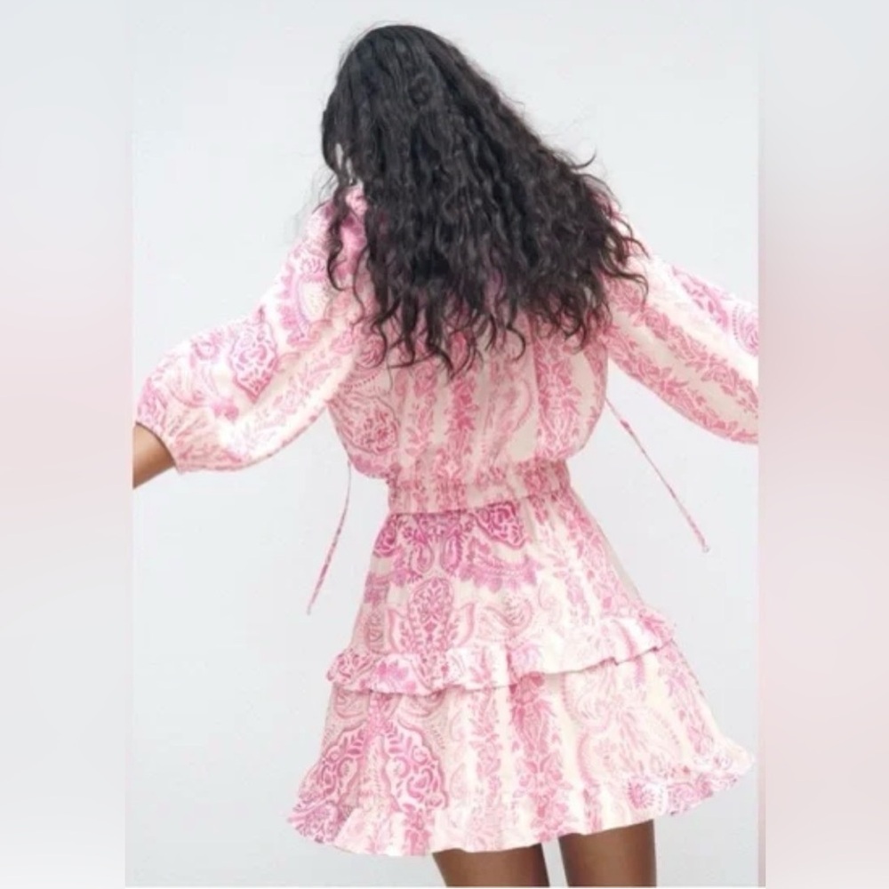 Zara Romantic Flirty Pink & White Paisley Layered Linen Mini Dress- size XS - Picture 10 of 16